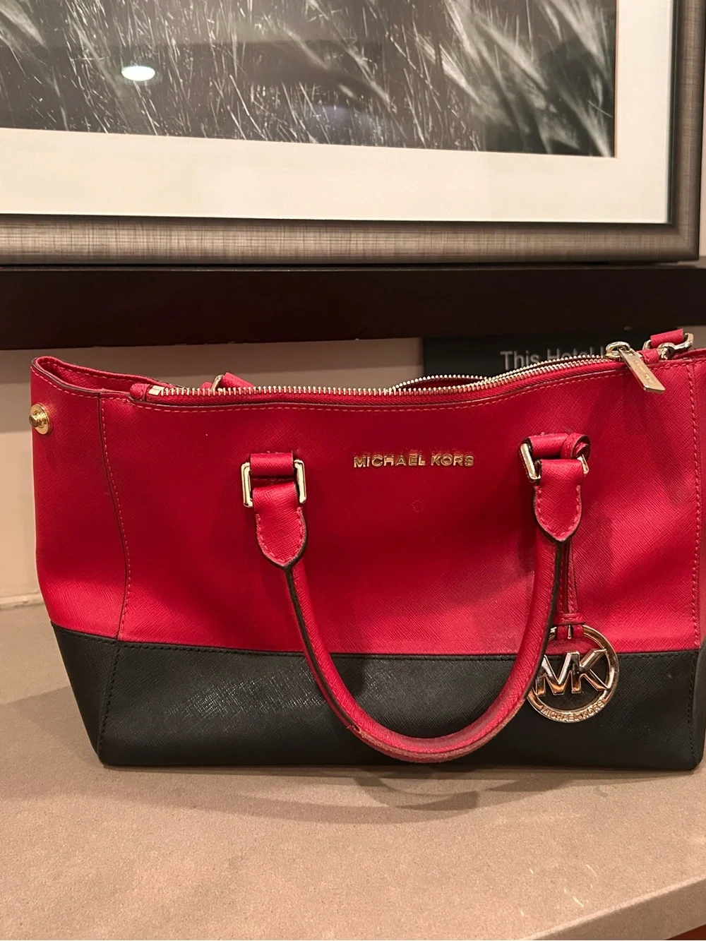 Michael Michael  Kors Red and Black Two-Tone Saffiano Satchel with Gold Hardware - Picture 2 of 11